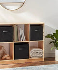 Six collapsible fabric storage bins with sturdy handles in a wooden shelf, organizing books and items, 10.5 x 10.5 x 11 inches each.
