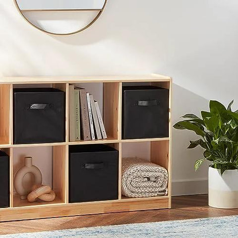 Six collapsible fabric storage bins with sturdy handles in a wooden shelf, organizing books and items, 10.5 x 10.5 x 11 inches each.