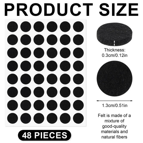 48 Pack Felt Pads for Furniture and Cabinet Doors, 1/2 Inch Black Round Self Adhesive Protectors with thickness shown