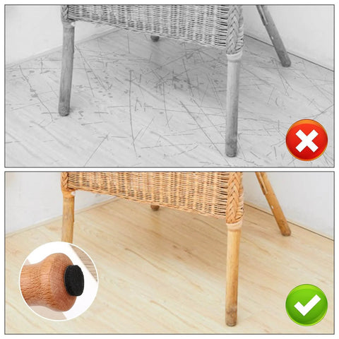 Comparison image showing chair legs with and without 48 Pack Felt Pads for Furniture and Cabinet Doors, 1/2 Inch Black Round Self Adhesive Protectors.