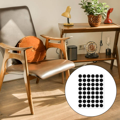 Living room with wooden chair and table, inset image showing 48 Pack Felt Pads for Furniture and Cabinet Doors, 1/2 Inch Black Round Self Adhesive Protectors