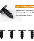 3 In 1 GM Fender Liner Clips And Push Pin Kit 40 Pc Replacement Fasteners For Inner Wheelwell Bumper And Under Hood Panels Directly Replaces OEM 11589292 A20991 21030249 On GMC Buick Trucks, close-up of black push pins with OEM numbers 1605396, 1595864 visible.