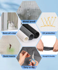 Collage showing features of 48 X 102 Inch Fiberglass Window Screen Mesh: waterproof, UV protection, insect resistant, and easy to DIY.