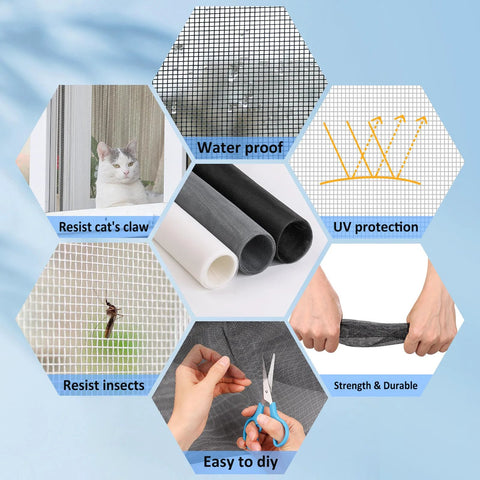 Collage showing features of 48 X 102 Inch Fiberglass Window Screen Mesh: waterproof, UV protection, insect resistant, and easy to DIY.