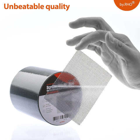 Hand holding fiberglass mesh with Window Screen Repair Tape For Tears And Holes Black Fiberglass Mesh 2 Inch By 33 Feet roll