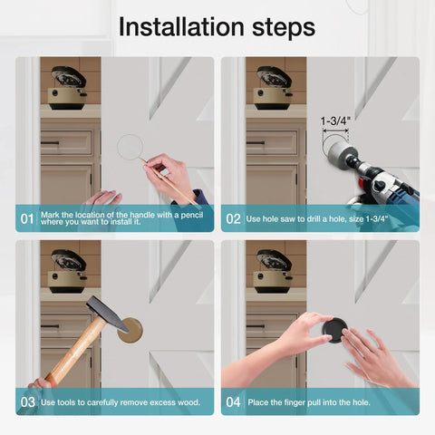 Installation steps for 2 Inch Round Closet Door Finger Pulls 4 Pack in Black on cabinet door.