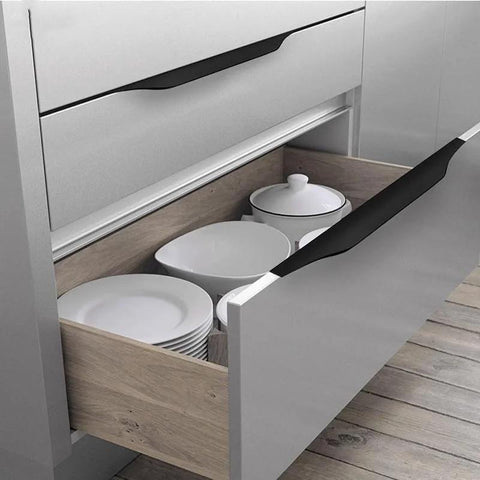 Drawer with 5 Pack Concealed Finger Pulls For Cabinets And Drawers, black aluminum handles on kitchen cabinet, installed view