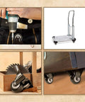 Collage featuring 8 Pack 2 Inch Caster Wheels Rigid Fixed Non Swivel All Black Polyurethane Wheels in various uses and installations.
