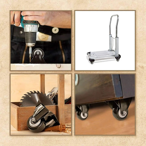 Collage featuring 8 Pack 2 Inch Caster Wheels Rigid Fixed Non Swivel All Black Polyurethane Wheels in various uses and installations.