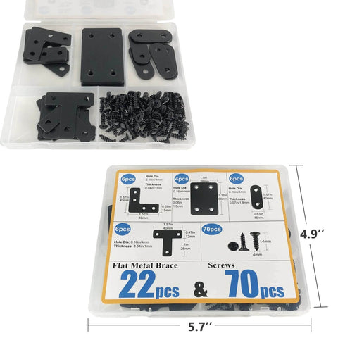 22 Pack Straight Brace Stainless Steel Black Flat Brace Straight Corner Braces with screws in a box with diagram