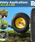 4.10/3.50-4 Flat Free Tire and Wheel Set of 4 with 10 inch airless solid construction for hand trucks and garden carts.