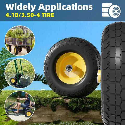 4.10/3.50-4 Flat Free Tire and Wheel Set of 4 with 10 inch airless solid construction for hand trucks and garden carts.