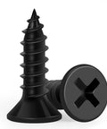 Close-up of Fixlink Wood Screws Size 6 Half Inch Flat Head Phillips Self Tapping Carbon Steel Black for indoor furniture.