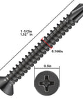 Close-up image of a 200pcs #8 x 1-1/2 Inch Flat Head Self Tapping Sheet Metal Screw, black stainless steel with dimensions marked.