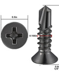 Close-up of 500pcs #8 x 5/8 Inch Flat Head Self Tapping Sheet Metal Screws, black stainless steel with deep threads, for wood and metal fastening.