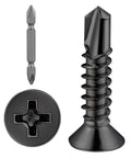 400pcs #8 x 3/4 Inch Flat Head Self Tapping Sheet Metal Screws Black Stainless Steel, close-up of screw and bit