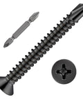 Close-up of 200pcs #8 x 1-1/2 Inch Flat Head Self Tapping Sheet Metal Screws Black Stainless Steel with drill bit and screw head