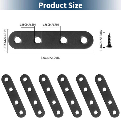 Image of 12 PCS 2.99'' x 0.63'' Stainless Straight Flat Brackets, Black Flat Metal Brace Bracket with screws, showing size dimensions.