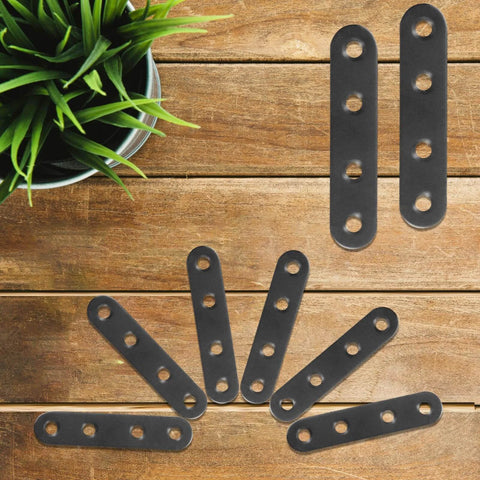12 PCS 2.99'' x 0.63'' Stainless Straight Flat Brackets, Black Flat Metal Brace Bracket, displayed on a wooden surface