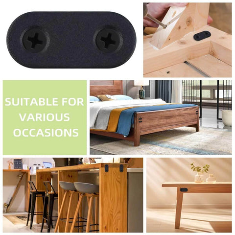 20 Pack Flat Straight Brace Flat Straight Bracket Stainless Steel Flat Plate Straight Brackets Repair Mending Bracket Plate in various furniture applications, including bed and table, with black finish.