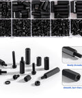 580 PCS M3 Black Nylon Standoff Kit with Spacers, Screws, and Nuts for Motherboard mounting, showing various sizes and details.