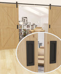 7 Inch Sliding Barn Door Handle Flush Pull For Sliding Doors Cabinets Closets And Drawers Black Set Of 2 Heavy Duty Satin Black Finish With Anti Corrosion Powder Coat Ideal For Pocket Doors And Sliding Cabinets Easy To Install Hidden Mounting installed on wooden barn doors in living room.