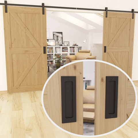 7 Inch Sliding Barn Door Handle Flush Pull For Sliding Doors Cabinets Closets And Drawers Black Set Of 2 Heavy Duty Satin Black Finish With Anti Corrosion Powder Coat Ideal For Pocket Doors And Sliding Cabinets Easy To Install Hidden Mounting installed on wooden barn doors in living room.