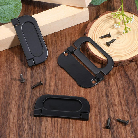 Black hardware with screws, including Six Pack 3 Inch Flush Pull Ring Handles With Screws Hidden Recessed Sliding Door Pulls for furniture.