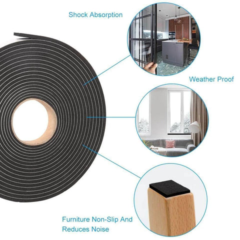Seal Foam Tape,1/2 Inch W x 1/8 Inch T Weather Stripping for Door and Window,High Density Single Sided Closed Cell Door Insulation Weather Strip, 3 Rolls Total 50FT Black shown with shock absorption, weather proofing, and noise reduction applications.