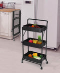 Foldable 3 Tier Metal Utility Rolling Cart With Locking Folding Design For Easy Storage And Mobility in kitchen.