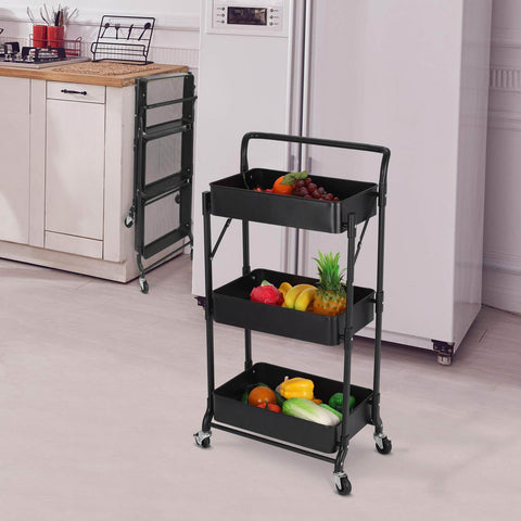 Foldable 3 Tier Metal Utility Rolling Cart With Locking Folding Design For Easy Storage And Mobility in kitchen.