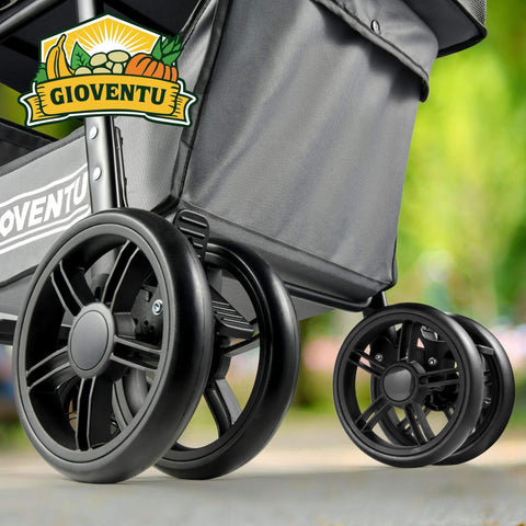 Close-up of the wheels on an upgraded 36 gallon folding shopping cart with wheels for groceries and more, 80lb capacity, 360 degree wheel mobility, removable tote bag, multifunctional portable personal cart for easy grocery hauls, no fuss fold, black.