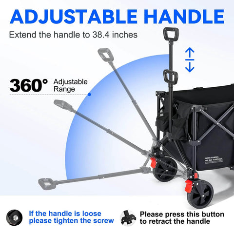 Adjustable handle of Large 200L Collapsible Wagon Cart With 440 Pounds Weight Capacity And Built In Brake For Camping Garden Sports And Shopping Foldable Utility Wagon 34.6 By 19.6 By 23 Inches Lightweight At Only 16.5 Pounds Black.