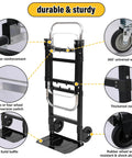 Diagram of ✝️ Upgraded 3 in 1 Folding Hand Truck, 600lbs Capacity, details of handle, rubber wheels, conversion switch, corner reinforcement.