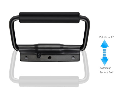 5.15 Inch Heavy Duty Folding Handle with rubber grip, black, 3 mounting holes, shown in spring-loaded upright position