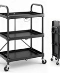 Heavy Duty Three Tier Folding Utility Cart With Four Swivel Wheels And Brakes For Kitchen Office Garage And Garden, 120 Lbs Capacity, Collapsible Rolling Storage Cart, Black From DUMOS, shown unfolded and folded