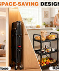 Heavy Duty Three Tier Folding Utility Cart With Four Swivel Wheels And Brakes For Kitchen Office Garage And Garden, 120 Lbs Capacity, Collapsible Rolling Storage Cart, Black From DUMOS shown folded and open in a kitchen.