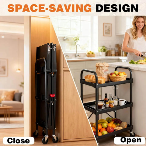 Heavy Duty Three Tier Folding Utility Cart With Four Swivel Wheels And Brakes For Kitchen Office Garage And Garden, 120 Lbs Capacity, Collapsible Rolling Storage Cart, Black From DUMOS shown folded and open in a kitchen.