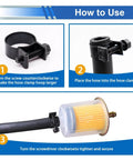 Instructional image showing usage steps for installing 32 Piece Black Fuel Line Clamps Set for Fuel Injection Hose Clamps in One Quarter Inch Five Sixteenth Inch and Three Eighth Inch Sizes Zinc Plated High Pressure Hose Clamps for Diesel and Petrol Pipes in Automotive Marine and Truck Applications Includes.