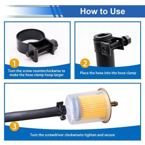 Instructional image showing usage steps for installing 32 Piece Black Fuel Line Clamps Set for Fuel Injection Hose Clamps in One Quarter Inch Five Sixteenth Inch and Three Eighth Inch Sizes Zinc Plated High Pressure Hose Clamps for Diesel and Petrol Pipes in Automotive Marine and Truck Applications Includes.