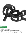 10 Pcs Fuel Line Clamps Spring Band Hose Clamps Half Inch 20mm Silicone Air Tube Vacuum Hose Water Pipe Low Pressure Assortment Kit Black Zinc Plated For Automotive Fuel Lines Water Systems Air Hoses Vacuum Pipes And Silicone Hoses, showing two black spring band clamps made of durable 65MN steel with 360° sealing design.
