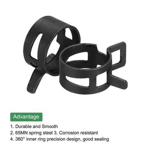 10 Pcs Fuel Line Clamps Spring Band Hose Clamps Half Inch 20mm Silicone Air Tube Vacuum Hose Water Pipe Low Pressure Assortment Kit Black Zinc Plated For Automotive Fuel Lines Water Systems Air Hoses Vacuum Pipes And Silicone Hoses, showing two black spring band clamps made of durable 65MN steel with 360° sealing design.
