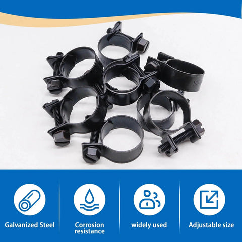 32 Piece Black Fuel Line Clamps Set for Fuel Injection Hose Clamps in One Quarter Inch Five Sixteenth Inch and Three Eighth Inch Sizes
