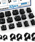 32 Piece Black Fuel Line Clamps Set for Fuel Injection Hose Clamps in One Quarter Inch Five Sixteenth Inch and Three Eighth Inch Sizes shown in a plastic organizer box.