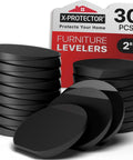 Wobble Proof Furniture Leveler Set, 30 Pack 2 Inch Black Rubber Shims For Leveling, visible in packaging and stacked
