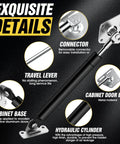 Close-up of black Drop Down Gas Struts, Gas Spring Hinge with 90 Degree Page Turning Axis, showing components and features