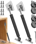Drop Down Gas Struts, Gas Spring Hinge with 90 Degree Page Turning Axis, showing two black struts, hinges, and screws for cabinets