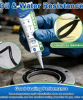 Application of High Temperature Black Gasket Maker Sealant For Automotive, Marine And Industrial Uses, Oil Resistant, Waterproof RTV Silicone in 100g tube on metal surface.