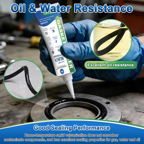 Application of High Temperature Black Gasket Maker Sealant For Automotive, Marine And Industrial Uses, Oil Resistant, Waterproof RTV Silicone in 100g tube on metal surface.