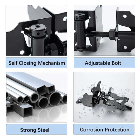 Heavy Duty Self Closing Gate Hinges For Vinyl And Wood Fences, 90 Degree Adjustable With Swing Tool, Strong Steel, Black Iron